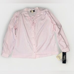 Vintage Blouse Floral Appliqué Women's Size 14 Pink Long Sleeve Button Shirt Top